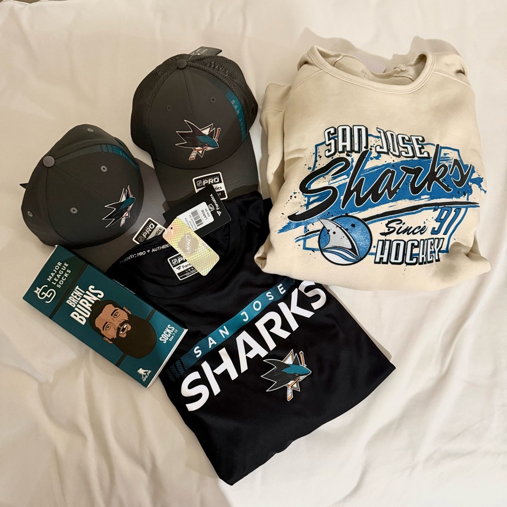 NWT San Jose Sharks Bundle Sweatshirt 2XL T shirt L Hats Socks Brent Burns